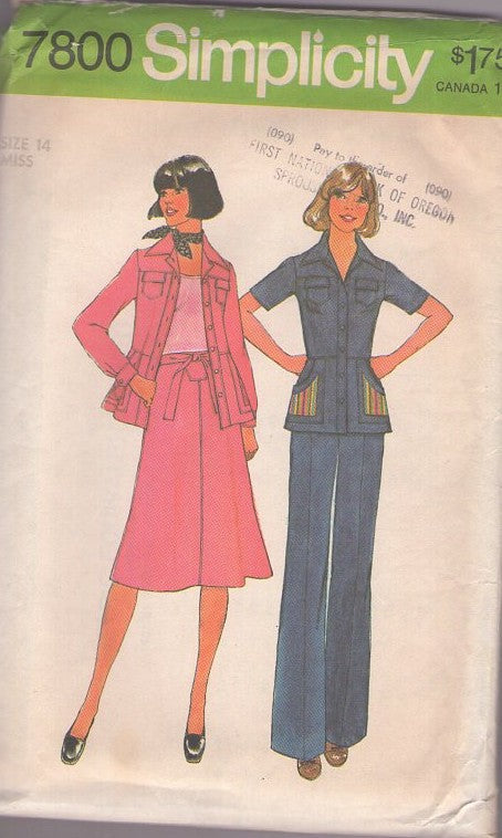 Simplicity 7800 Vintage 70's Sewing Pattern Secretary Pantsuit, Leisure Suit, Shirt Jacket with Pocket Details, Fly Front Pants, Wrap Around Skirt Size 14