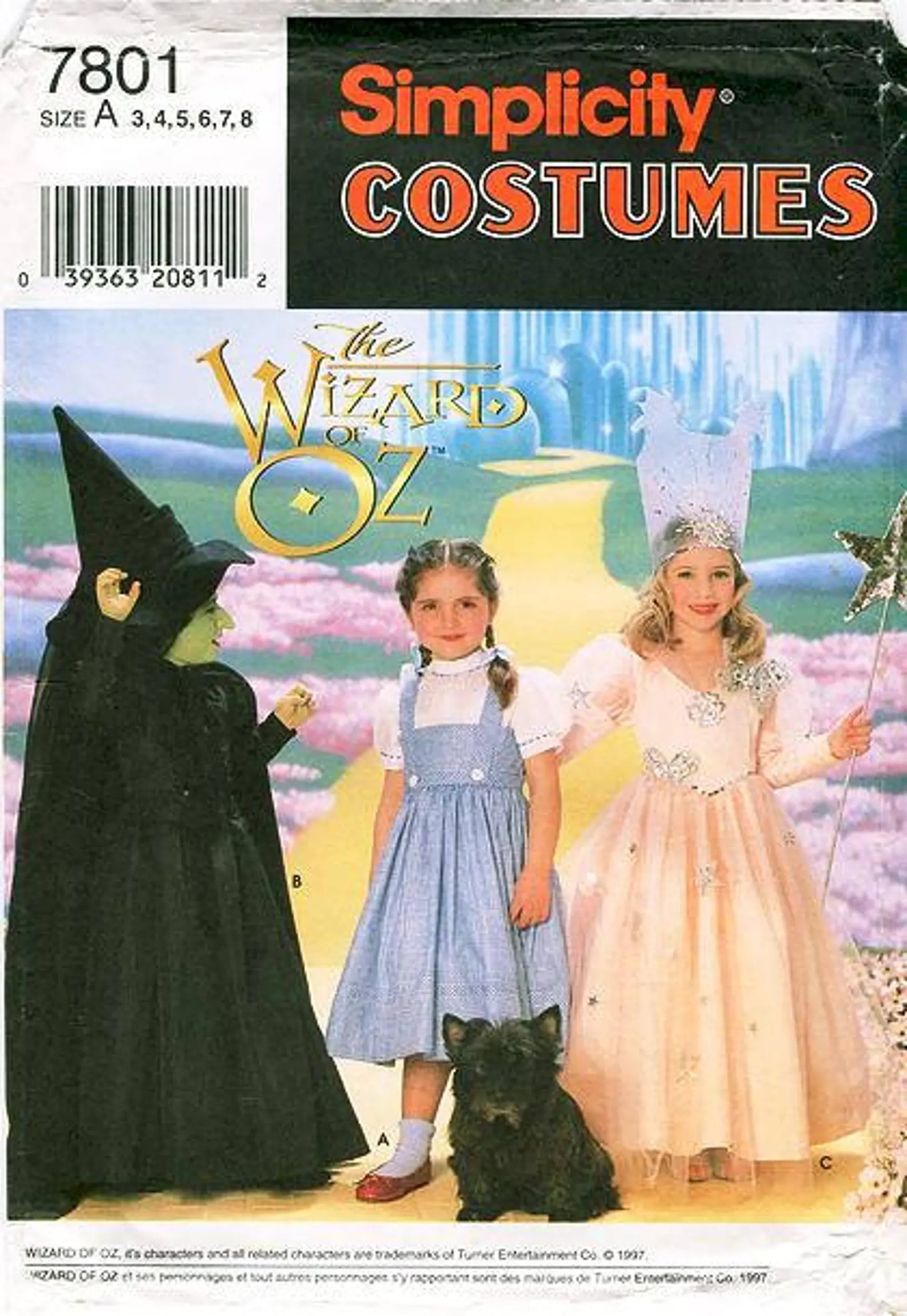 Simplicity 7801 Retro 90's Sewing Pattern Character Costumes, Official Wizard of Oz Dorothy, Glinda the Good & Elphaba the Wicked Witch of the West Dress Costume Size 3-8
