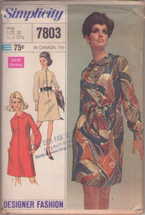 Simplicity 7803 Vintage 60's Sewing Pattern Mod Dress, Designer Fashion JEANNE LANVIN Style Front Button & Loop Crepe Dress, Flat or Nehru Collar, Tie Belt Size 10