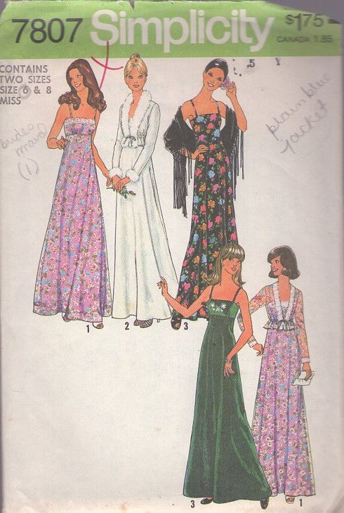 Simplicity 7807 Vintage 70's Sewing Pattern Disco Gown Set, Cher Diva Looks, Empire Waist, Long Flared Strappy Party Gown, Dress & Marabou or Lace Trimmed Cropped Jacket Top Size 6-8