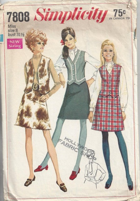 Simplicity 7808 Vintage 60's Sewing Pattern Mod Separates, Faux Pony Fur Toggle or Button Vest, A-Line Mini Skirt, Blouse & Ascot Tie Size 8