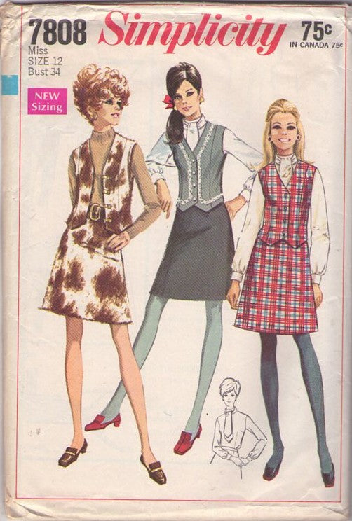 Simplicity 7808 Vintage 60's Sewing Pattern Mod Separates, Faux Pony Fur Toggle or Button Vest, A-Line Mini Skirt, Blouse & Ascot Tie Size 12