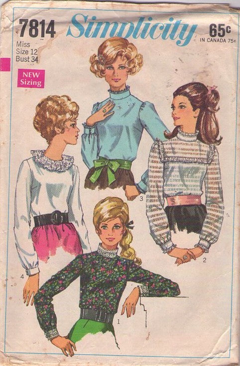 Simplicity 7814 Vintage 60's Sewing Pattern Mod Blouses, Stepford Wives High Collar Long Sleeve Blouse Set, Back Zipper 4 Views Size 12