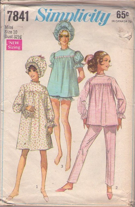 Simplicity 7841 Vintage 60's Sewing Pattern Grease Pajamas, Slumber Party Shorty Pajamas Set, Puff Sleeve Top, Blouse, Shirt, Bloomers Panties, Pants, Nightgown, Curler Cap Size 10