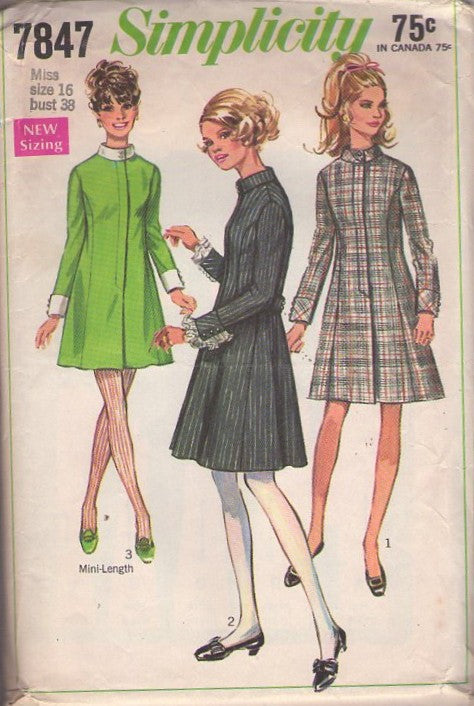Simplicity 7847 Vintage 60's Sewing Pattern Mod Dresses, Space Age, Twiggy Modest Hidden Front Zipper and Pleated Skirt Princess Seam Dress 3 Styles Size 16