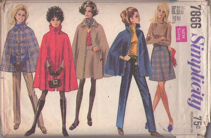 Simplicity 7866 Vintage 60's Sewing Pattern Mod Cloaks, Twiggy BIG Stand Up Collar Front Zippered Cloak, Cape, Arm Slits, Slim Slacks, A-Line Skirt Size 10