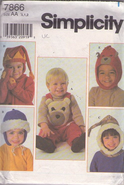 Simplicity 7866 Vintage 90's Sewing Pattern Kids' Overalls, Fleece Hats, Hat Set, Faux Fur, Animal Theme, Jester, Sky, Winter Size 1/2-2