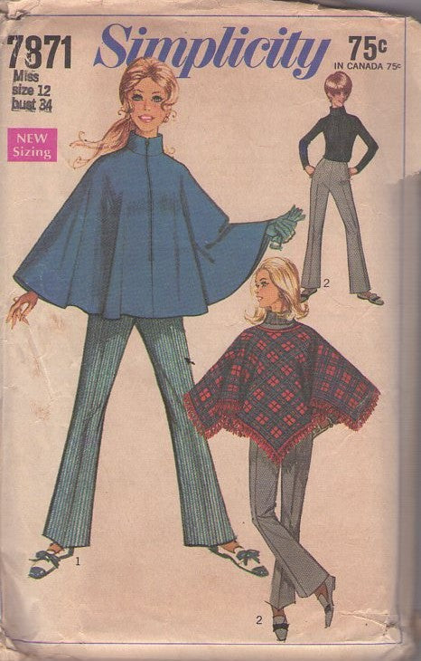 Simplicity 7871 Vintage 60's Sewing Pattern Mod Ponchos, Pants, High Nehru Collar Front Zippered or Pullover Poncho Cloak Cap, Bell Bottoms Pants Size 12