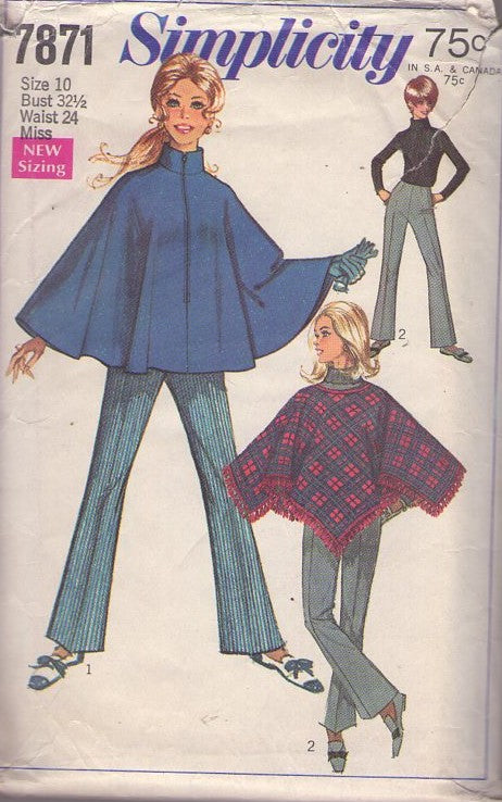 Simplicity 7871 Vintage 60's Sewing Pattern Mod Ponchos, Pants, High Nehru Collar Front Zippered or Pullover Poncho Cloak Cap, Bell Bottoms Pants Size 10