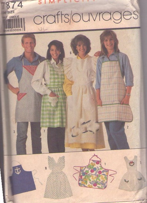 Simplicity 7874 Vintage 80's Sewing Pattern His & Hers Aprons, Unisex Apron Set, Chef, Grill, Cottagecore Pinafore, Kitchen, Retro Housewife, Halter, Skirted, Arts UNCUT