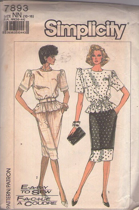 Simplicity 7893 Vintage 80's Sewing Pattern Career 2 Piece Dress, Dynasty Secretary Skirted Peplum Blouse Top, Slim Band Hem Skirt 2 Piece Secretary Dress Size 10-16