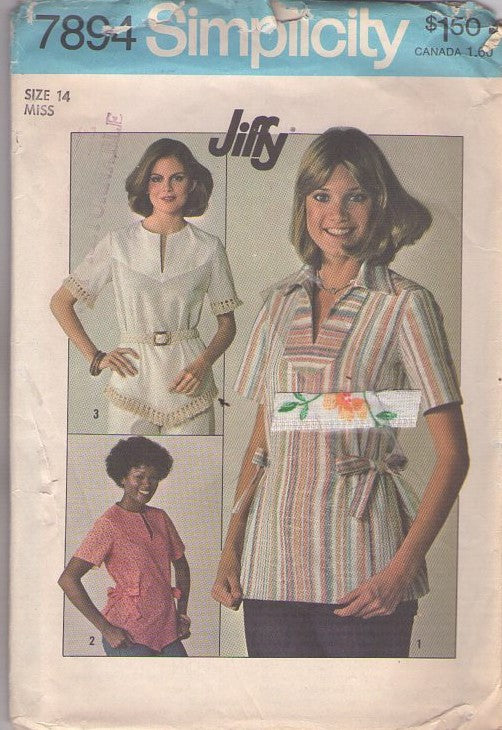 Simplicity 7894 Vintage 70's Sewing Pattern Hippie Shirts, Easy Jiffy, Slit Neck Collared Top Set, Ties on Sides, Fringe Trim Size 14
