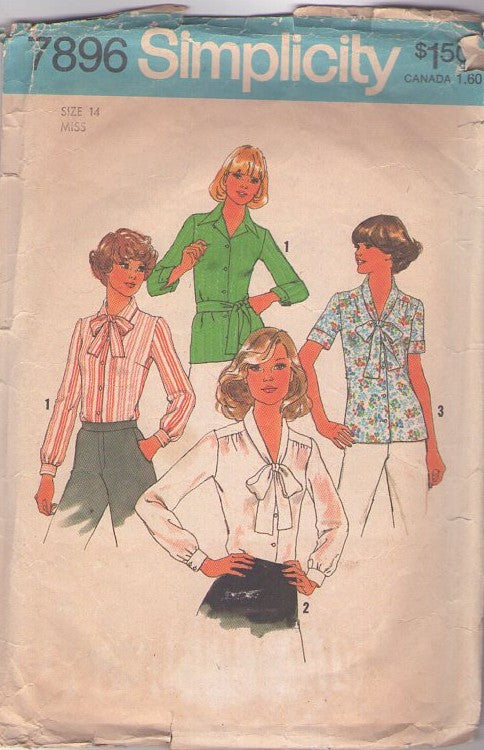 Simplicity 7896 Vintage 70's Sewing Pattern Daytime Shirts, Front Buttoned Blouse Set, Tie or Pointed Collar Every Day or Secretary Styles Size 14