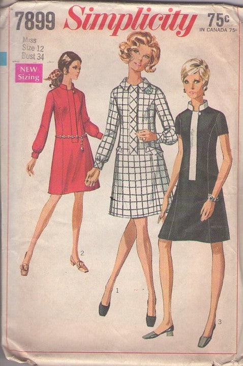Simplicity 7899 Vintage 60's Sewing Pattern Mod Dress Set, Space Age, Stand Up Nehru Collar Contrast Band Trim Front Princess Seams Dress, 3 Styles Size 12