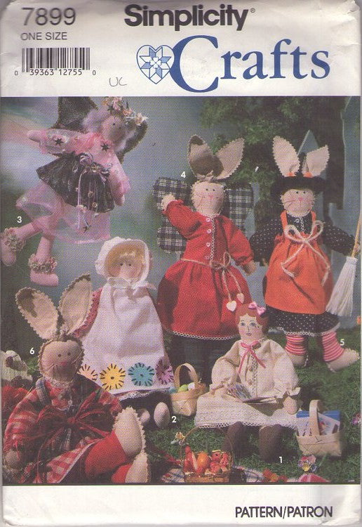 Simplicity 7899 Vintage 90's Sewing Pattern Primitive Crafts, Doll, Bunny, Dress, Wings, Clothes 13" Sizes