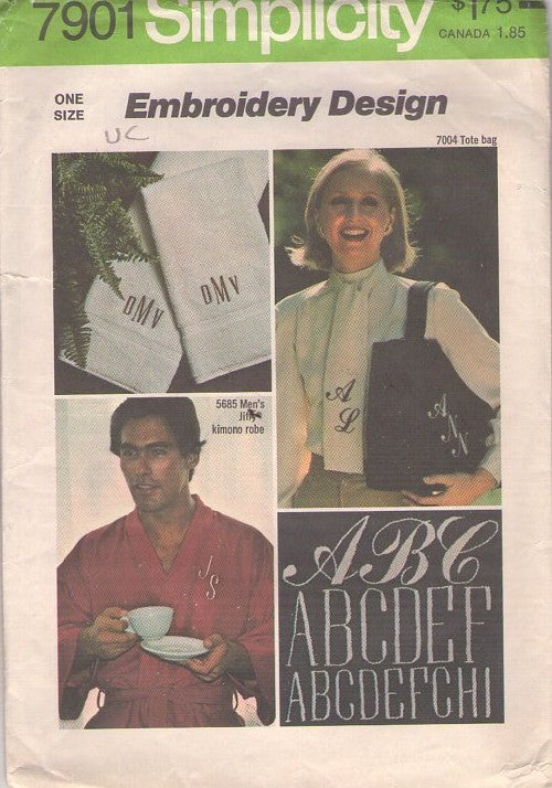 Simplicity 7901 Vintage 70's Sewing Pattern Monogram Crafts, Retro Alphabet Embroidery Transfers for Linens, Robes, Accessories, Bags & More