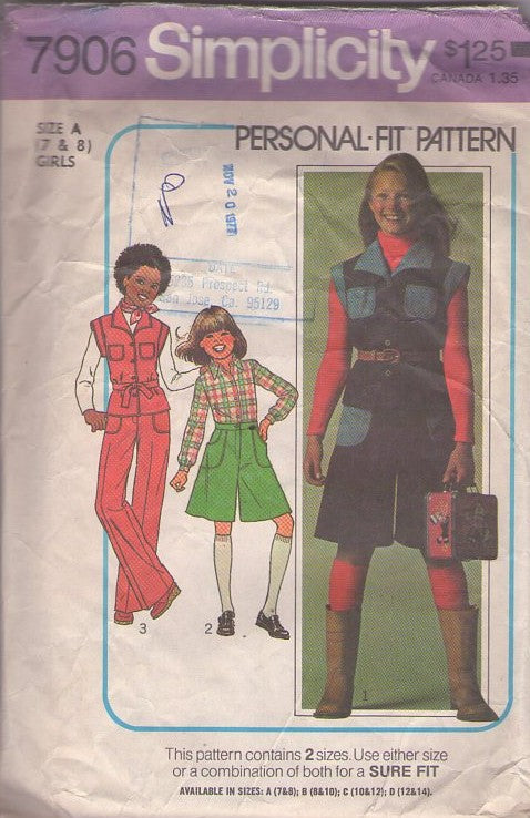 Simplicity 7906 Vintage 70's Sewing Pattern Girl's School Separates, Contract Pockets, Culottes, Gauchos, Split Skirt, Blouse, Pants Size 7-8