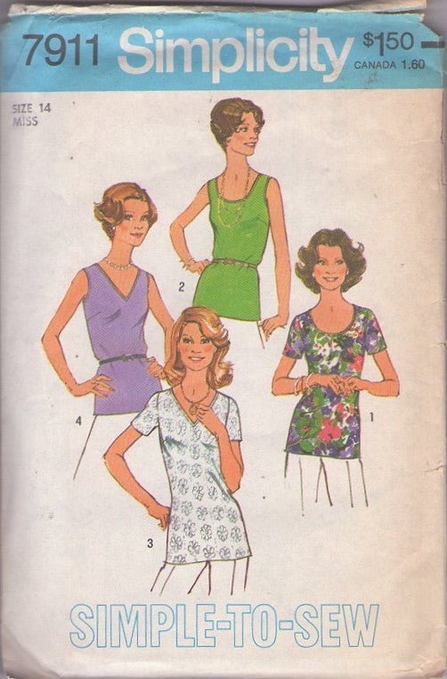 Simplicity 7911 Vintage 70's Sewing Pattern Hipster Tops, Scoop or V Neck Tank Top, Over the Hips Shirt Set Size 14