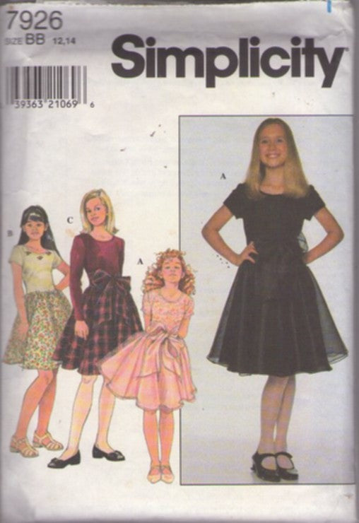 Simplicity 7926 Vintage 90's Sewing Pattern Teen Girl's Dresses, Modest Fancy Formal Holiday Party Dress, Flared Skirt, Contrast Bodice Options Size 12-14