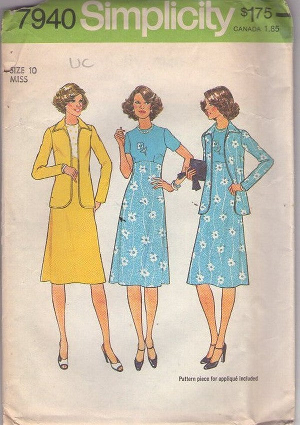 Simplicity 7940 Vintage 70's Sewing Pattern Secretary Dress, Jacket, High Empire Waist Contrast Top Day Dress, Shirt Jacket Cover Up Size 10