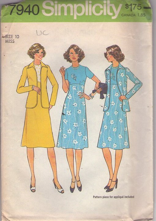 Simplicity 7940 Vintage 70's Sewing Pattern Secretary Dress, Jacket, High Empire Waist Contrast Top Day Dress, Shirt Jacket Cover Up Size 10