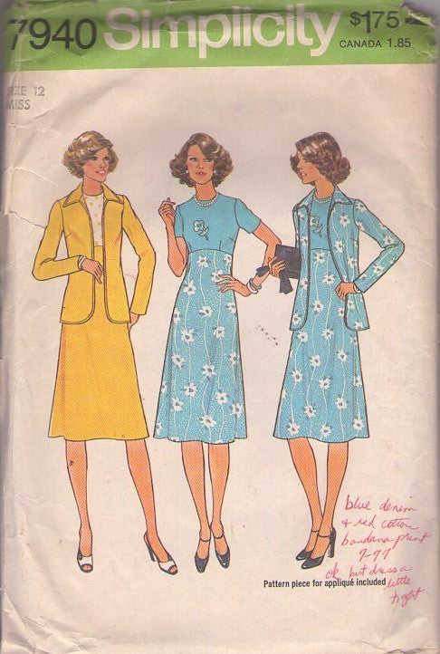 Simplicity 7940 Vintage 70's Sewing Pattern Secretary Dress, Jacket,  High Empire Waist Contrast Top Day Dress, Shirt Jacket Cover Up Size 12
