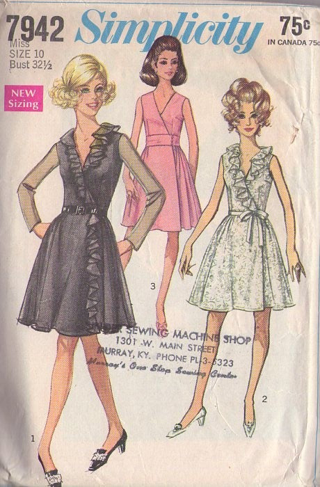 Simplicity 7942 Vintage 60's Sewing Pattern Mod Party Dresses, Ruffles V Neck Cinched Waist Fit & Flare Mod Wrap Around Cocktail Party Dress, 3 Styles Size 12