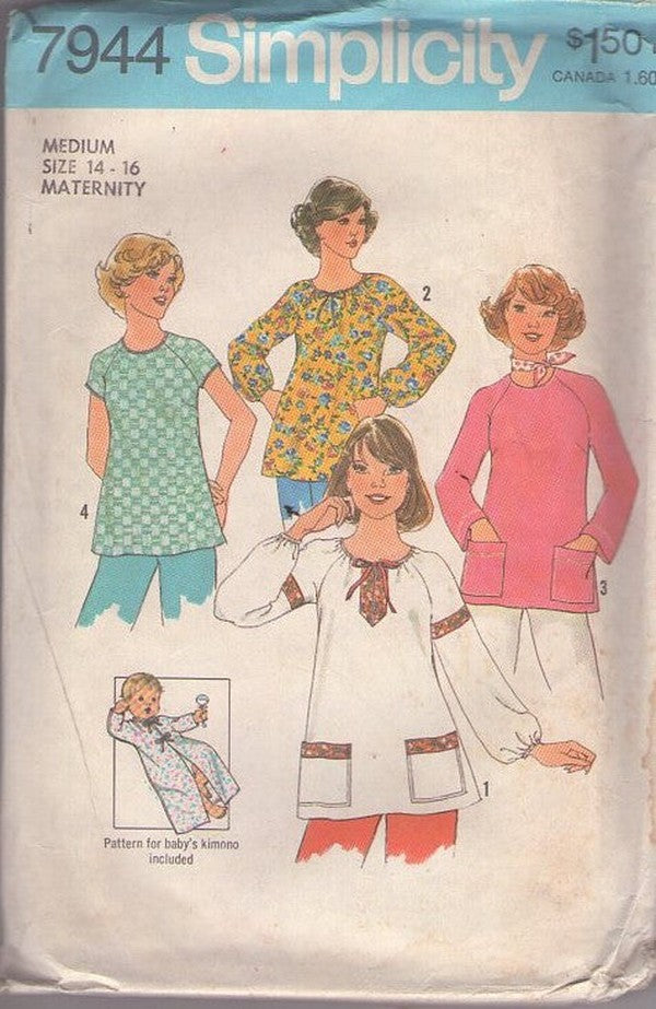 Simplicity 7944 Vintage 70's Sewing Pattern Casual Separates, Raglan Sleeve Shirt, Top with Baby Kimono Robe Included 4 Styles Size M
