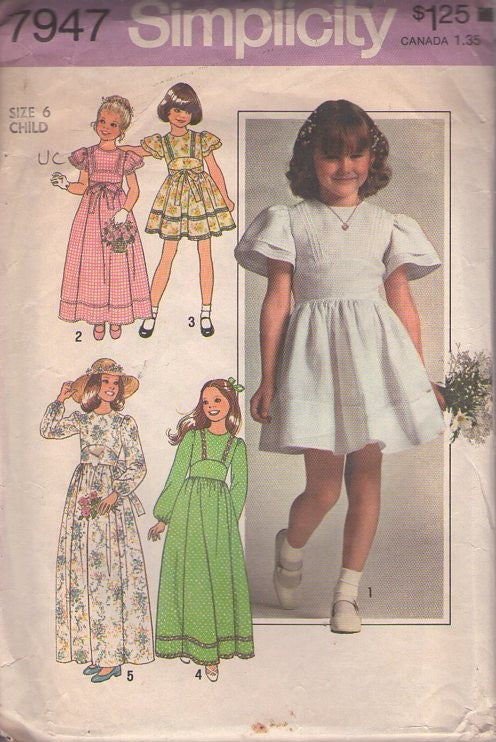 Simplicity 7947 Vintage 70's Sewing Pattern Girl's Dress Set, First Communion, Junior Bride, Short or Long Formal Party Dress, Gown Size 6 UNCUT