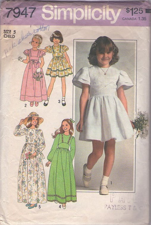 Simplicity 7947 Vintage 70's Sewing Pattern Girl's Dress Set, First Communion, Junior Bride, Short or Long Formal Party Dress, Gown Size 5