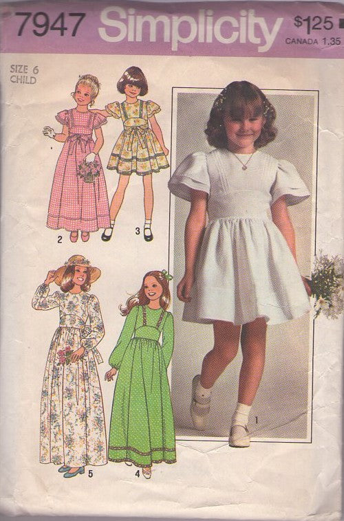 Simplicity 7947 Vintage 70's Sewing Pattern Girl's Dress Set, First Communion, Junior Bride, Short or Long Formal Party Dress, Gown Size 6 CUT