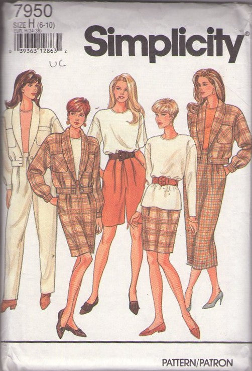 Simplicity 7950 Vintage 90's Sewing Pattern Career Separates, Jacket Shawl Collar Oversized Hip Band Jacket, Drop Shoulder Top, Shorts, Skirt, Trousers Size 6-10