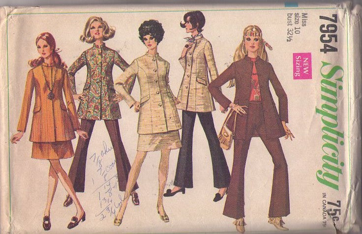 Simplicity 7954 Vintage 60's Sewing Pattern Beatles Look Jacket, Mod Nehru Collar Top, Coat, Bell Bottoms Pants Size 10