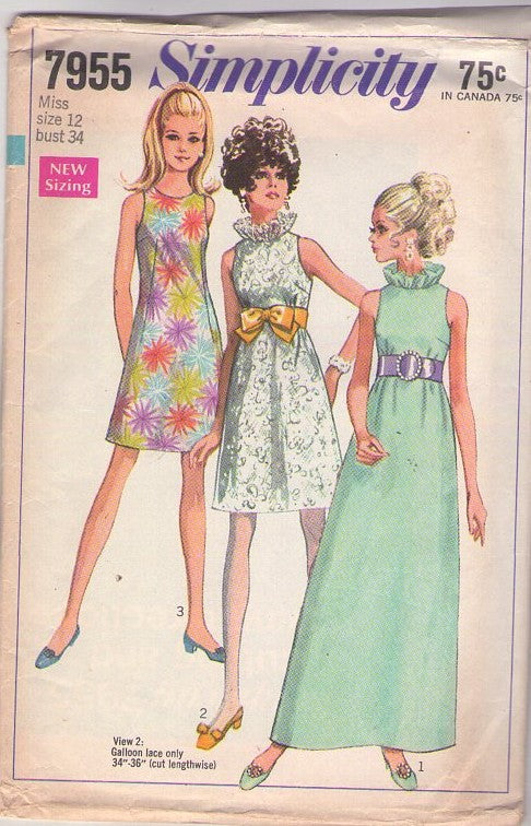 Simplicity 7955 Vintage 60's Sewing Pattern Mod Party Dress Set, Sleeveless Collar less A-Line Summer Day or Cocktail Party Evening Dress, Short or Maxi Size 12
