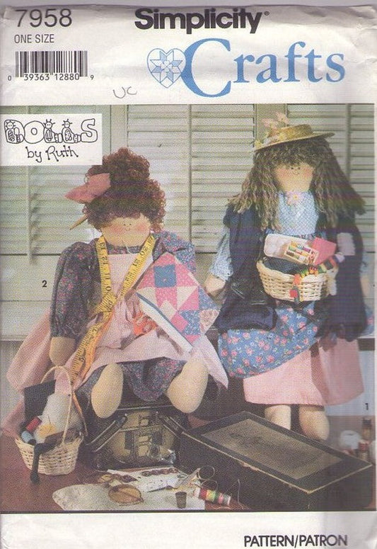 Simplicity 7958 Vintage 90's Sewing Pattern Dolls by Ruth, Stuffed Quilter or Sewing and Peddler Doll with Clothes One Size