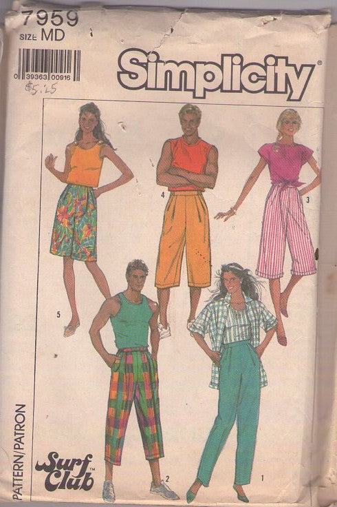 Simplicity 7959 Vintage 80's Sewing Pattern Baggy Trousers, Surf Club Pleated Pants, Culottes Gauchos, Long Walking Shorts, Jams, Baggies, Surfer Pants Size M