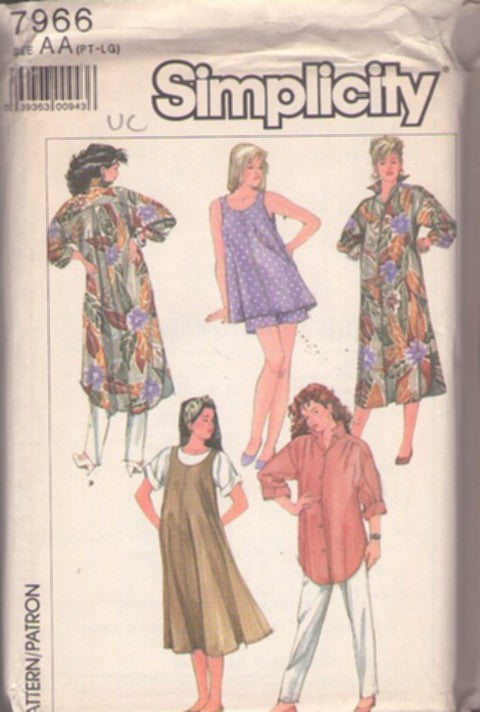 Simplicity 7966 Vintage 80's Sewing Pattern Summer Separates, Scoop Neck Tent Tank Top, Oversized Shirt, Jumper, Back Pleated Shirt Dress, Pants, Shorts Size P-L