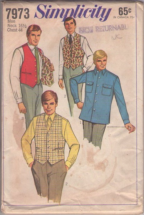 Simplicity 7973 Vintage 60's Sewing Pattern Men's Shirts, Vest, Reversible Suit Vest, Dress Shirt Size 44 XL