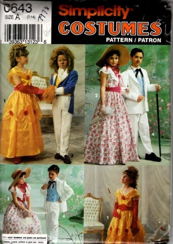 Simplicity 7978 0643 Vintage 90's Sewing Pattern Kids' Southern Belle, Gone With The Wind, Beauty and The Beast Halloween Party Costumes Size 7-14