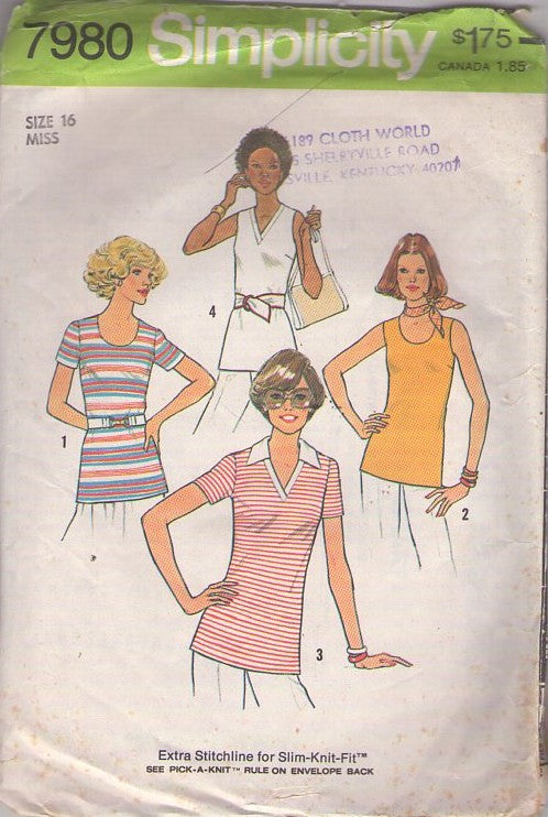 Simplicity 7980 Vintage 70's Sewing Pattern Summer Tops, Back Zipper Blouse Set for Knits 4 Styles Size 16