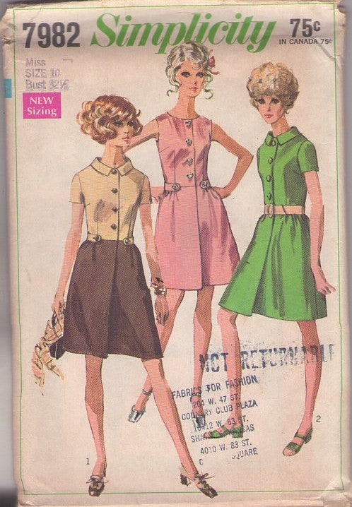 Simplicity 7982 Vintage 60's Sewing Pattern Back Wrap Dress, Twiggy Mod, Button On Belt Shirtwaister, Day or Night, Office or Cocktail Party 3 Styles Size 10