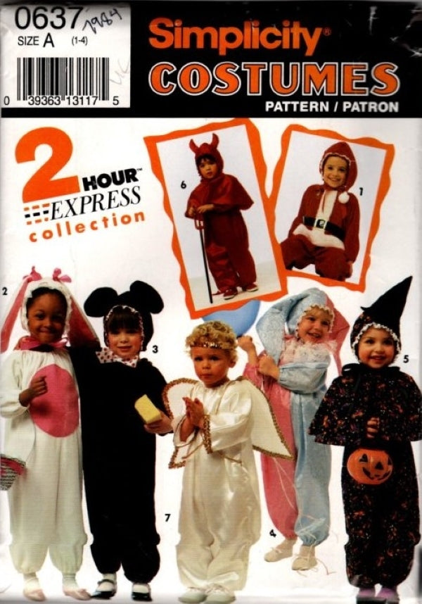 Simplicity 7984 0637 Vintage 90's Sewing Pattern Easy 2 Hour Express Toddler Halloween Costume Devil, Angel, Clown, Rabbit, Santa, Mouse Size 1-4
