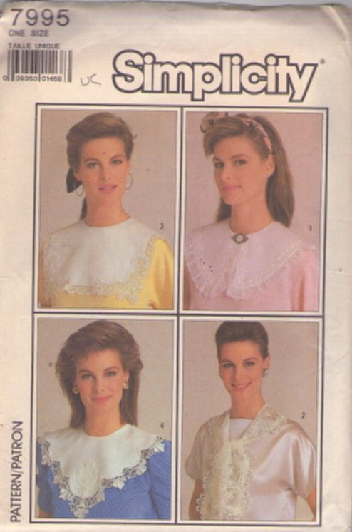Simplicity 7995 Vintage 80's Sewing Pattern Cottagecore Accessories, Modest Flat Applique Lace Detachable Brat Pack Collars One Size UNCUT