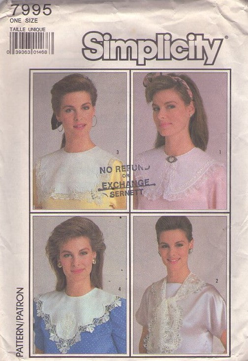 Simplicity 7995 Vintage 80's Sewing Pattern Cottagecore Accessories, Modest Flat Applique Lace Detachable Brat Pack Collars One Size CUT