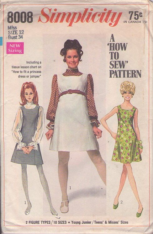 Simplicity 8008 Vintage 60's Sewing Pattern Mod Mini Dress Set, Easy How to Sew, Scoop Neck Fit & Flared Jumper, Dress, Stand Up Collar Sheer or Novelty Print Blouse Size 12