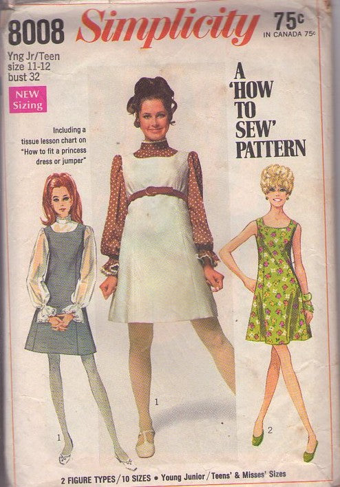 Simplicity 8008 Vintage 60's Sewing Pattern Mod Mini Dress Set, Easy How to Sew, Scoop Neck Fit & Flared Jumper, Dress, Stand Up Collar Sheer or Novelty Print Blouse Size 11/12