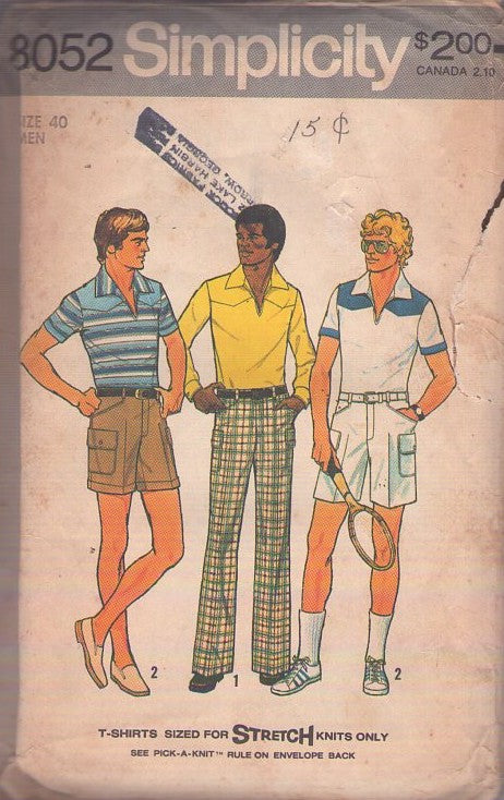 Simplicity 8052 Vintage 70's Sewing Pattern Men's Disco Separates, Polo Shirt, Shorts, Leisure Suit Pants, Cargo Pocket, Sports or Tennis Short Size 40