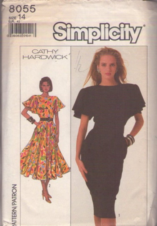 Simplicity 8055 Vintage 80's Sewing Pattern Cocktail Dress, Designer Cathy Hardwick, Uma Thurman Model, Flutter Sleeve, Full Flared or Pin Up Vixen Wiggle Skirt Evening Party Dress 2 Styles Size 14