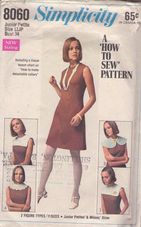 Simplicity 8060 Vintage 60's Sewing Pattern Easy Dress, How to Sew, Simple Basic Dress, Platter, Pilgrim, Scallop, Bib or Cape Collar, Detachable Size 11JP