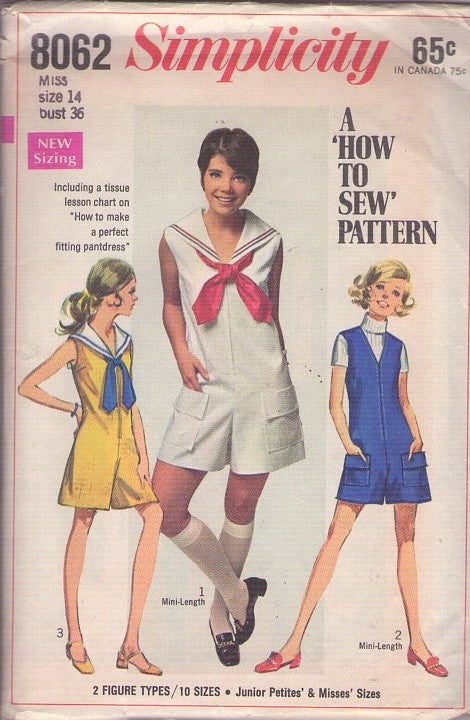 Simplicity 8062 Vintage 60's Sewing Pattern Mod Romper, Sailor Collar Jumpsuit, Mini Pantdress, 3 Styles Size 14